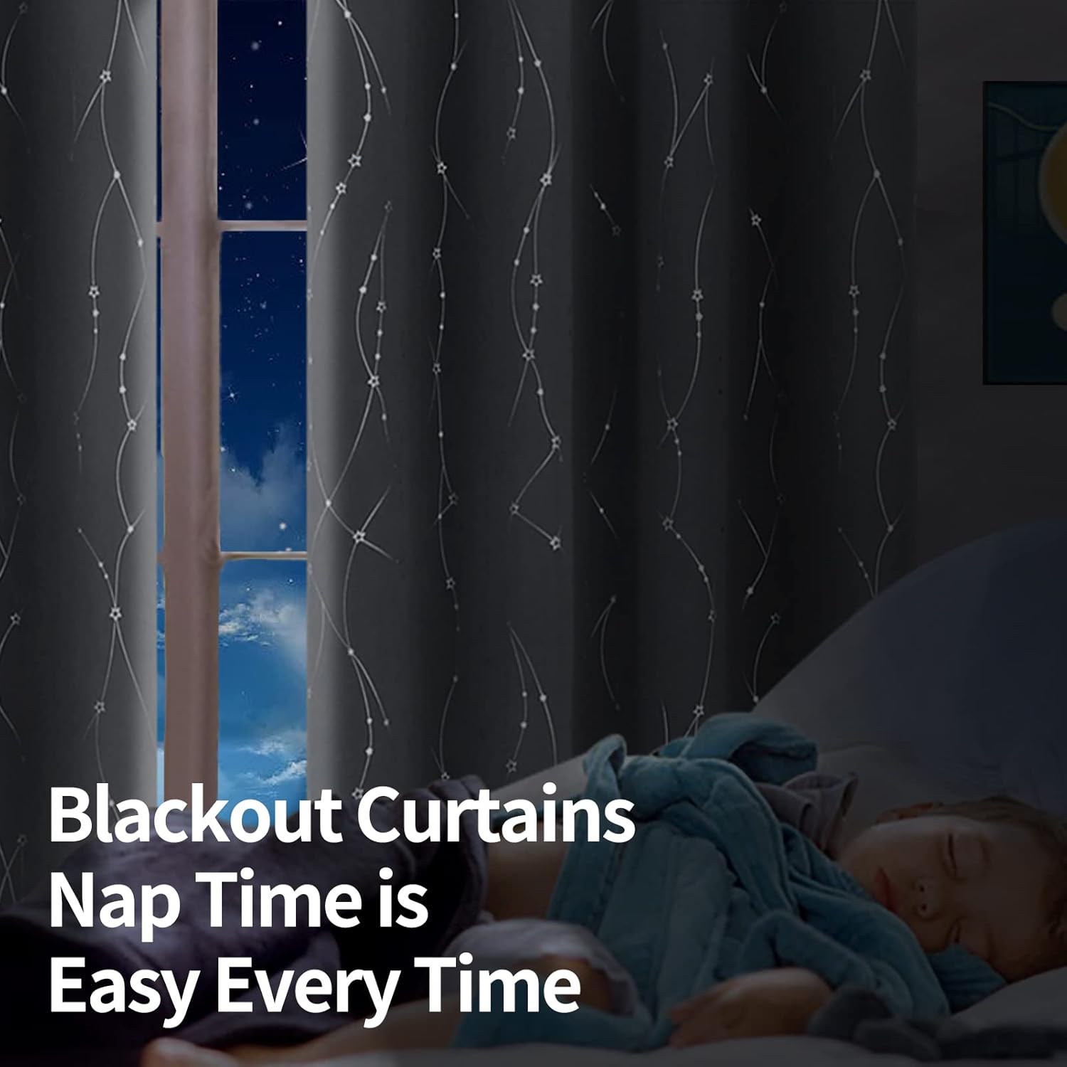 BGment Cortinas opacas para niños, 84 pulgadas de largo, estampado de estrellas y ondas, cortinas para oscurecer la habitación, cortinas con