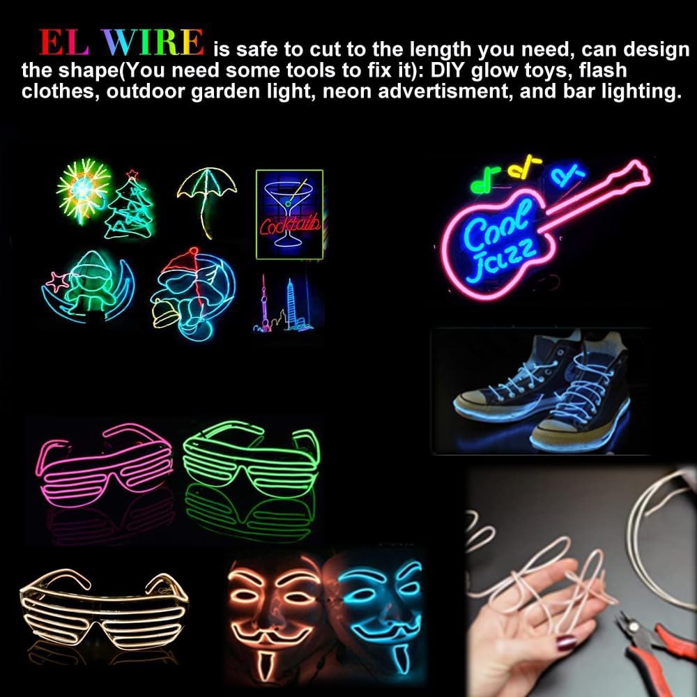 MaxLax Cable EL, color amarillo, luz activada por sonido, luz constante, flash lento, 9 pies, luces de neón, alambre electroluminiscente brillante