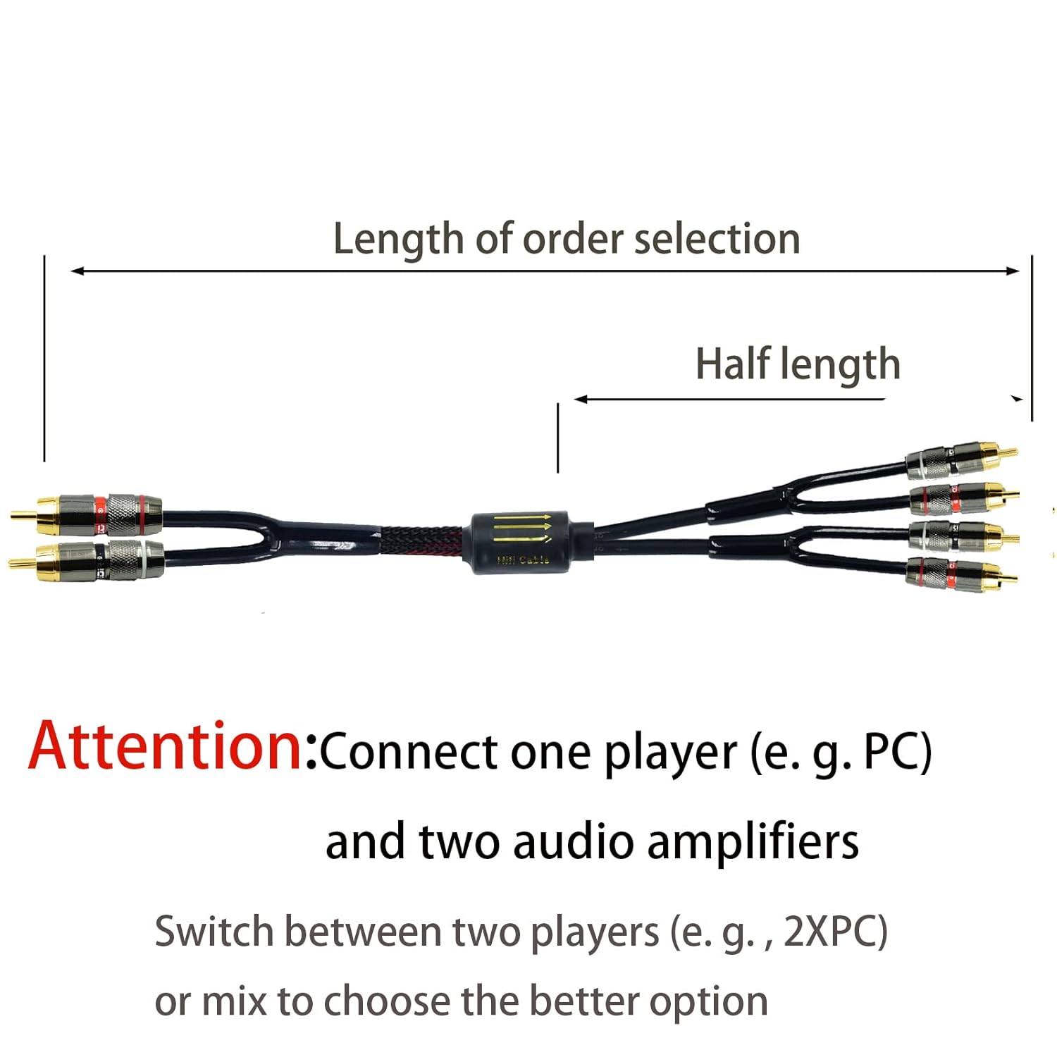 Arklove Cable de extensión de conector RCA blindado de 7 pies para audio estéreo y video, 2 machos a 4 machos, adaptador en Y de doble altavoz,
