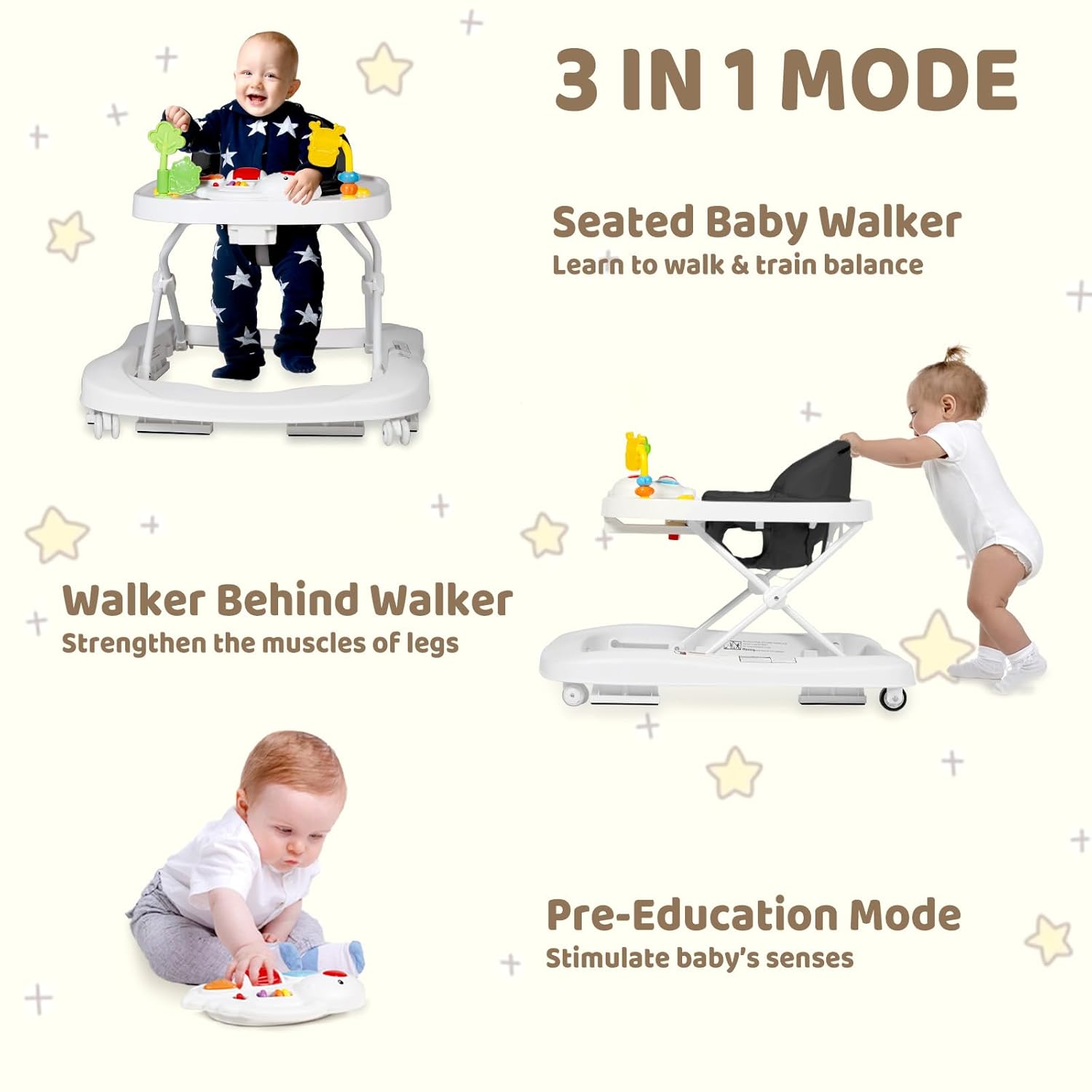 Andador para bebés con ruedas, centro de actividades para bebés 3 en 1 para niños y niñas, combo plegable con juguetes musicales, aprendizaje