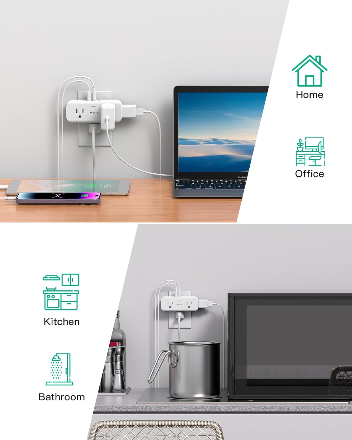 Extensor de tomacorriente, extensión de 4 salidas con 1 cargador de pared USB-A 2 USB-C, divisor de salida de enchufe múltiple, expansor de salida