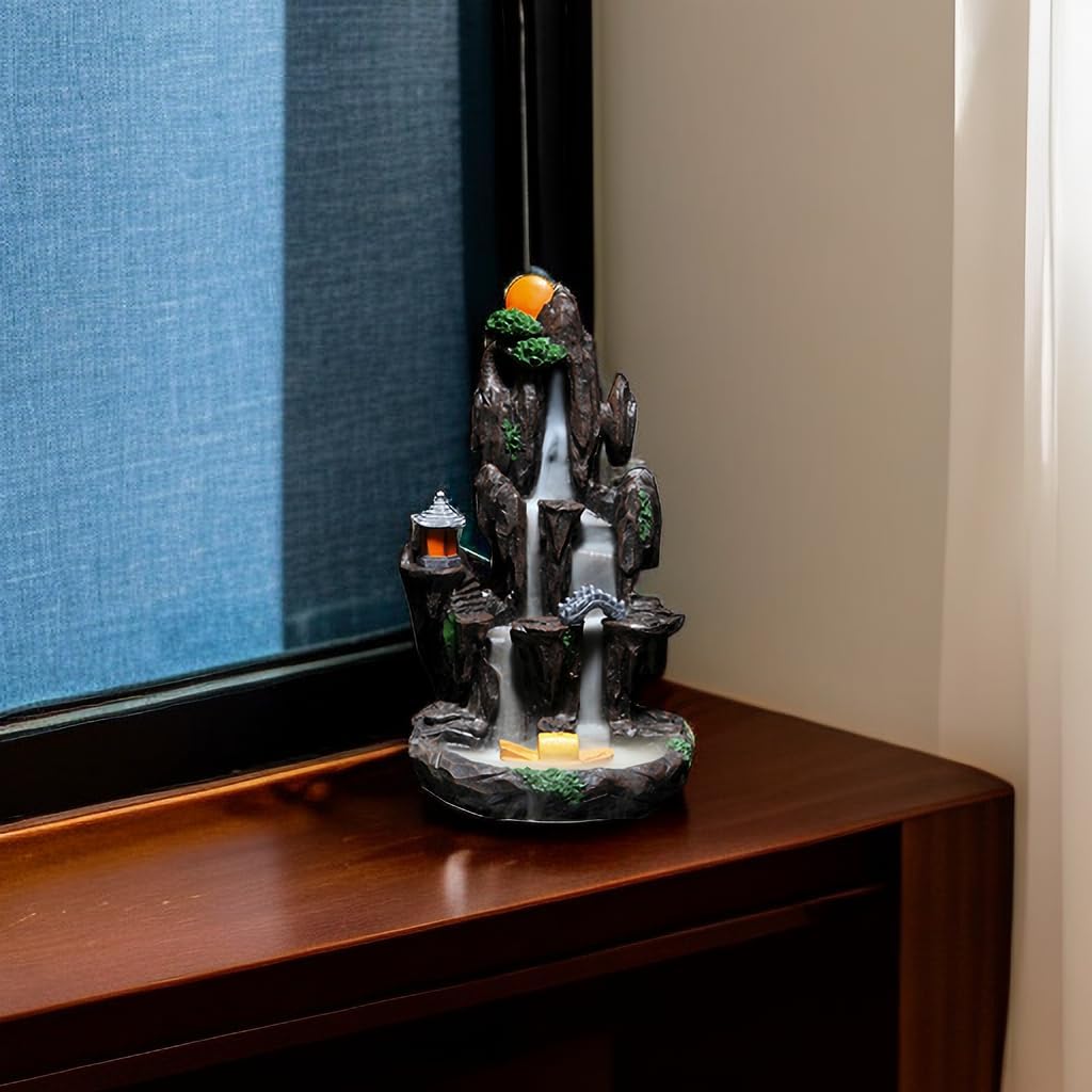 TANZEQI Quemador de incienso de cascada Feng Shui, soporte de incienso de reflujo zen y cascada, con 130 conos de incienso de reflujo, adorno de