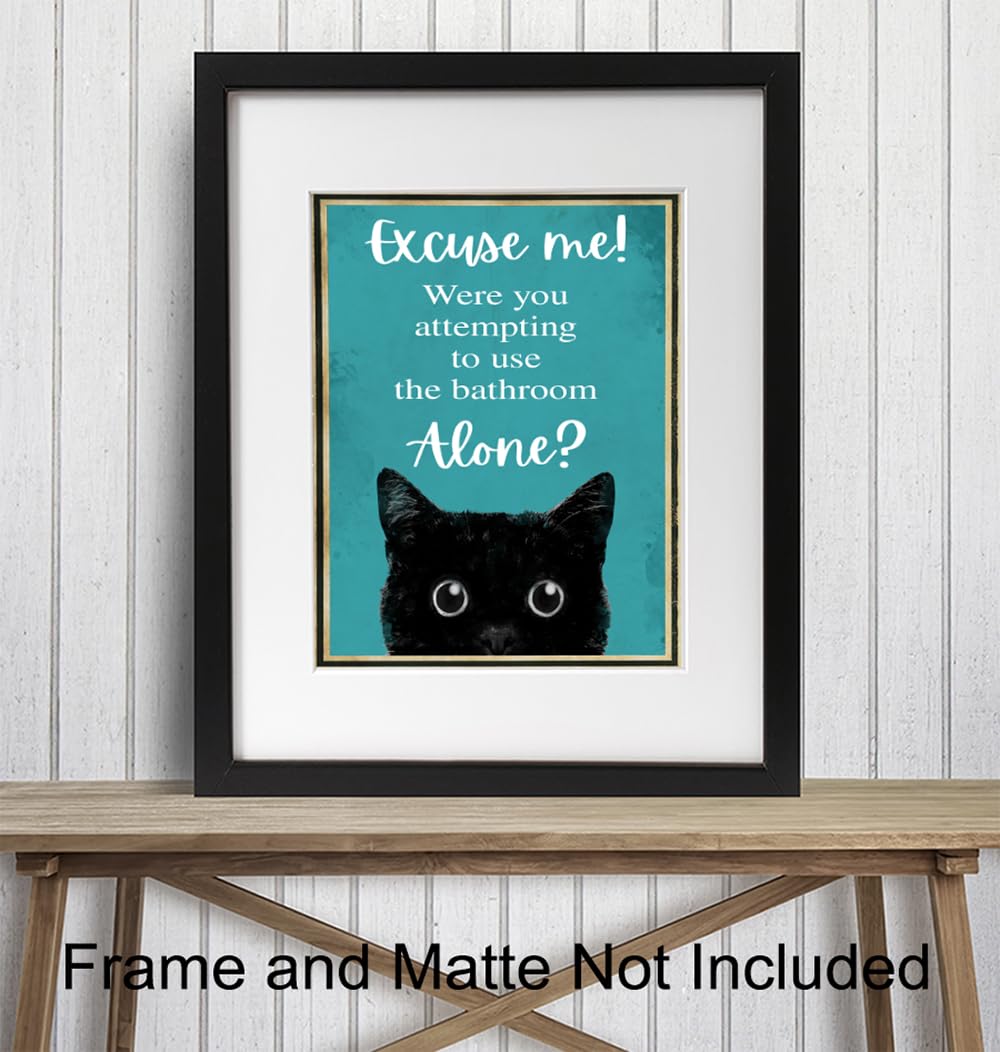 Funny Cat Restroom Sign LARGE 11×14 – Guest Bathroom Decor for Women – Small Bathroom Wall Art – Blue Bathroom Decorations – Unique Powder room