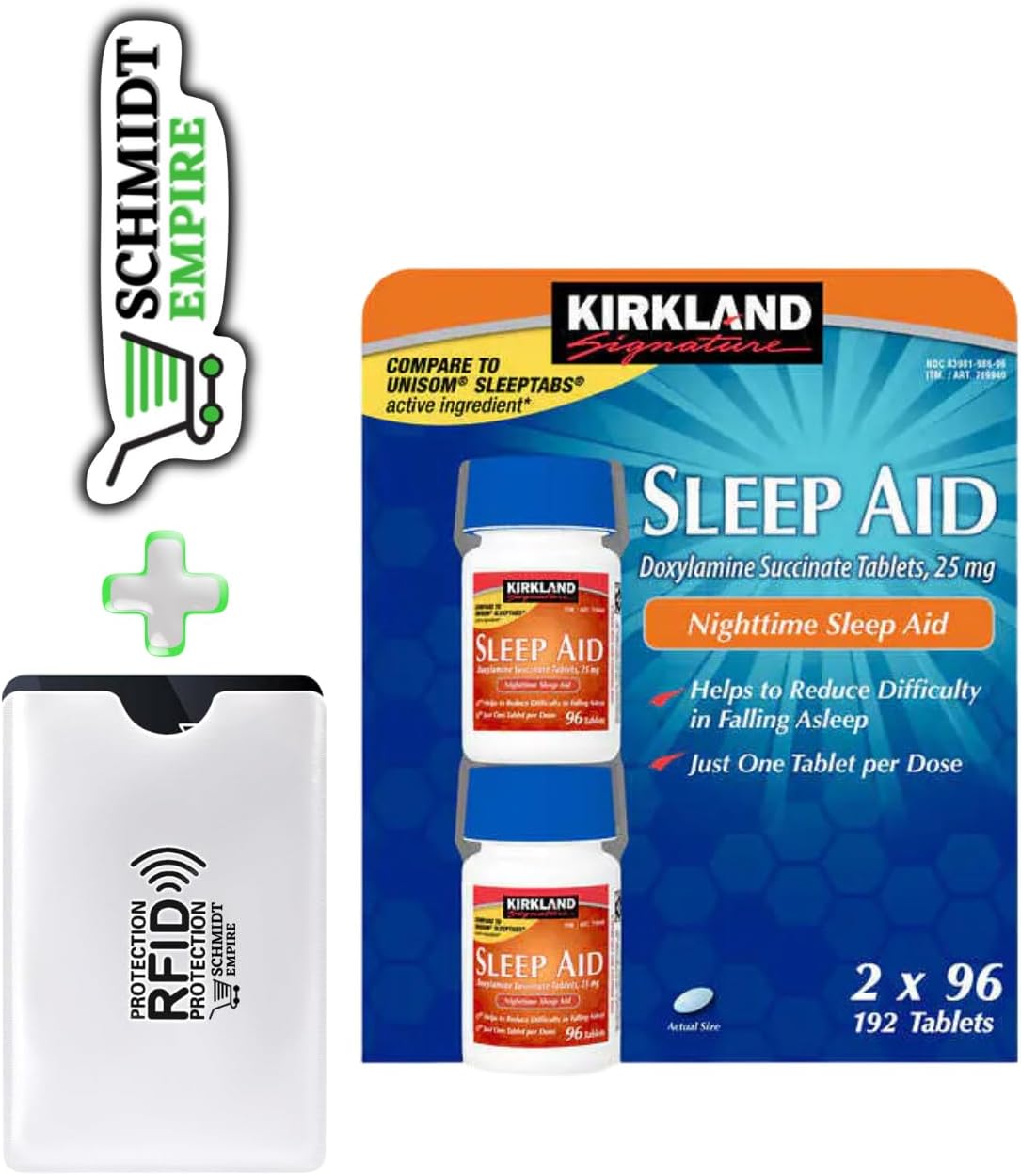 Kirkland Signature Sleep Aid Succinato de doxilamina de 25 mg (2 frascos, 96 pestañas en total 192 tabletas) + 1 protector de tarjeta SchmiidtEmpire