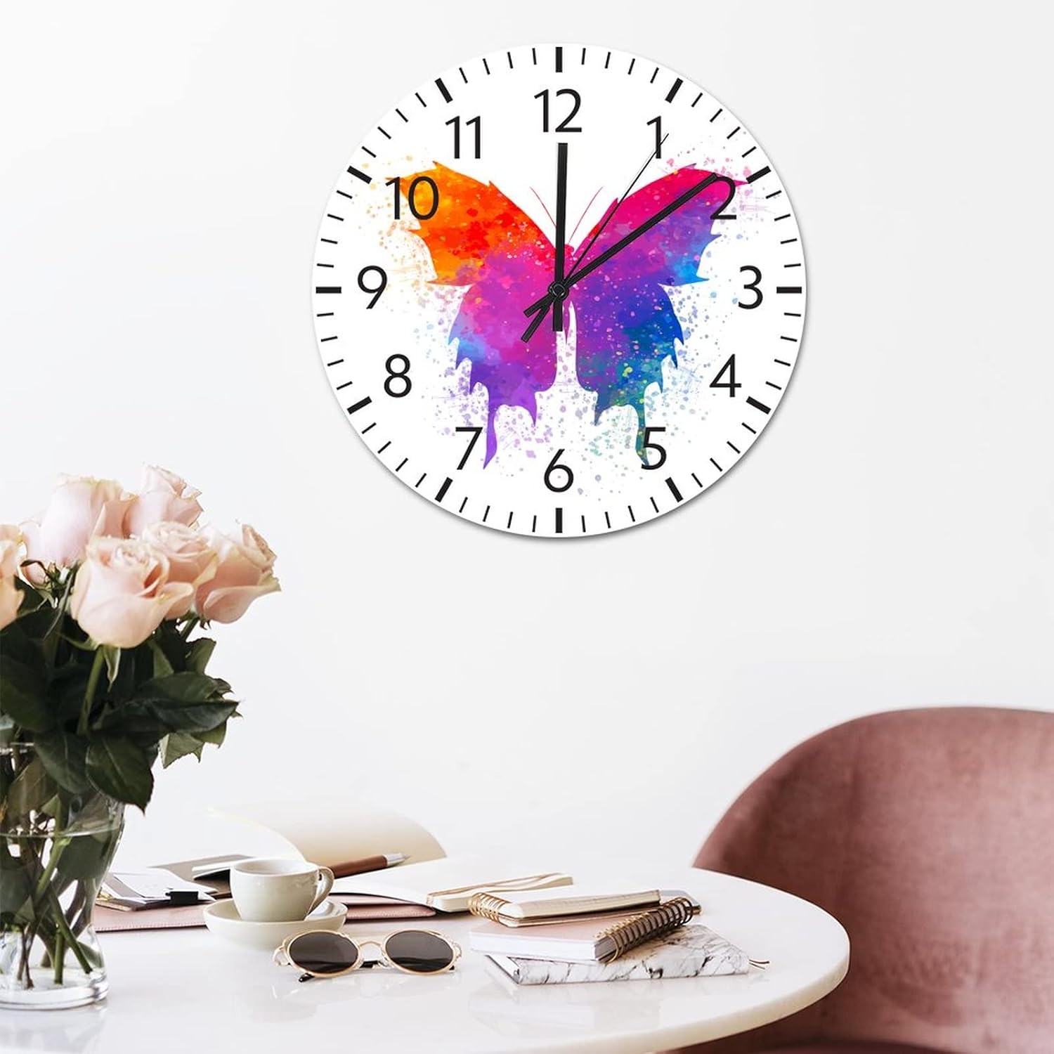 ArogGeld Reloj de pared de cloruro de polivinilo con mariposas y acuarelas, 12 pulgadas, funciona con pilas, silencioso, sin tictac, divertido reloj