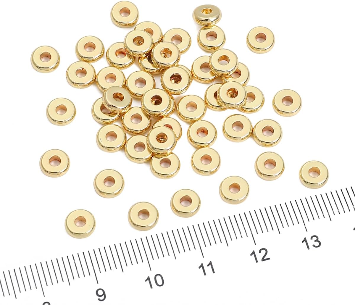 Cuentas espaciadoras de disco chapadas en oro de 14 quilates de 0.236 x 0.079 in, 50 unidades para hacer joyas, no se deslustran