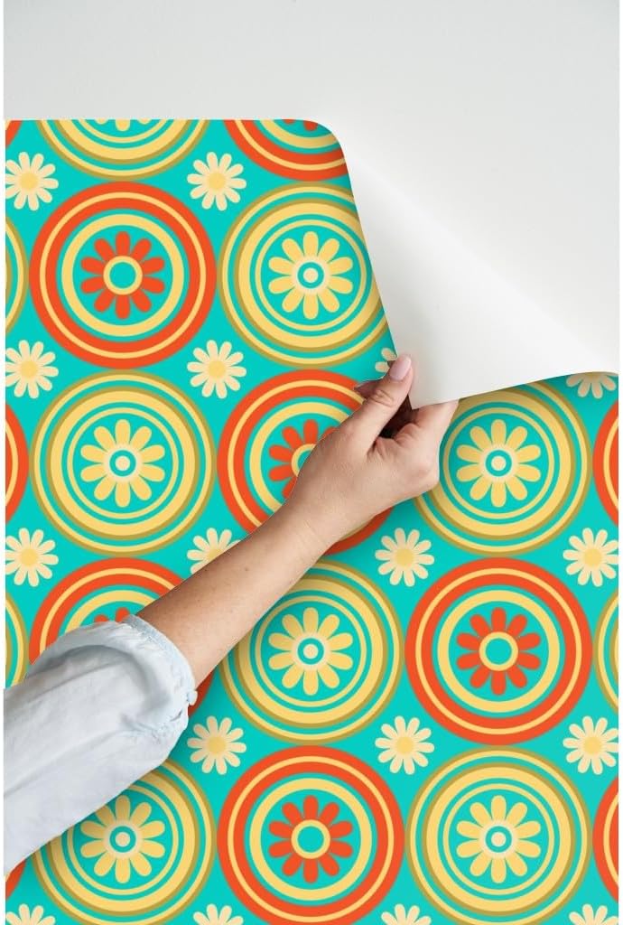 Spoonflower Peel & Stick Wallpaper 3ft x 2ft – Retro Floral Tile Circles Mid Century Midcentury Modern Turquoise Orange Yellow Vintage Geometric