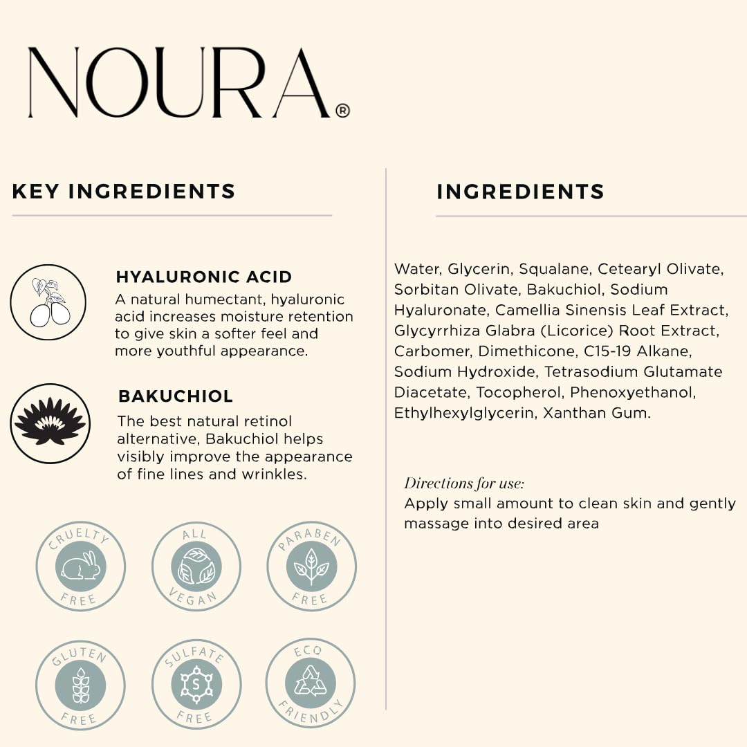 Suero facial Bakuchiol de Noura Cosmetics, alternativa natural al retinol, disminuye las líneas finas y las arrugas, ilumina e hidrata la piel,