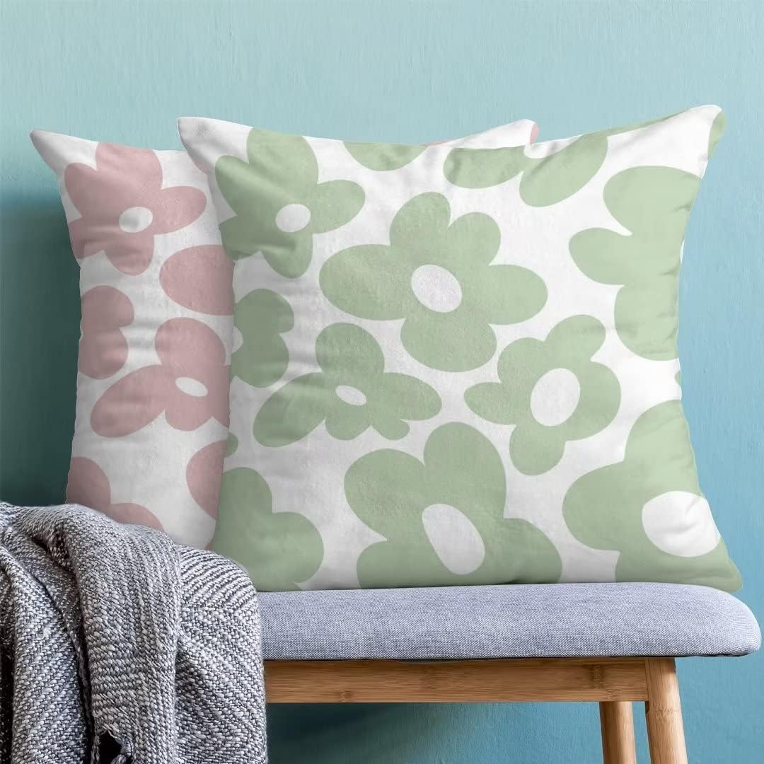 Juego de 2 fundas de almohada de 20 x 20 pulgadas, color verde salvia rosa pastel danés, fundas de almohada estéticas de flores de margaritas de