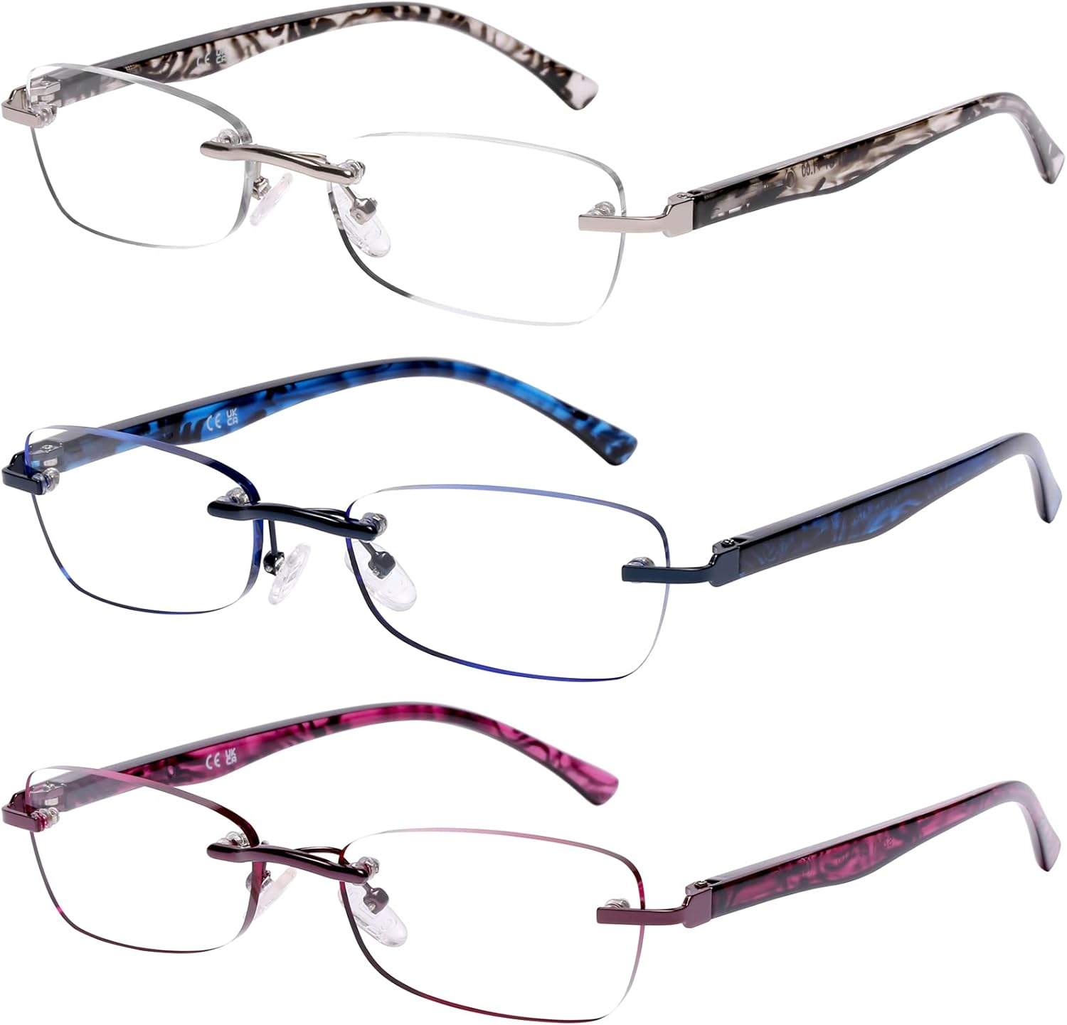 DOOViC Paquete de 3 lentes de lectura sin montura para mujer, ligeros, elegantes, con bloqueo de luz azul, borde tintadobisagra de resorte, 2.00 de