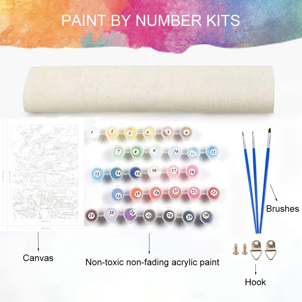 QUITEDEW Pintura de ciudad por números para adultos, pintura al atardecer por números para principiantes, pintura al óleo de bricolaje pinturas