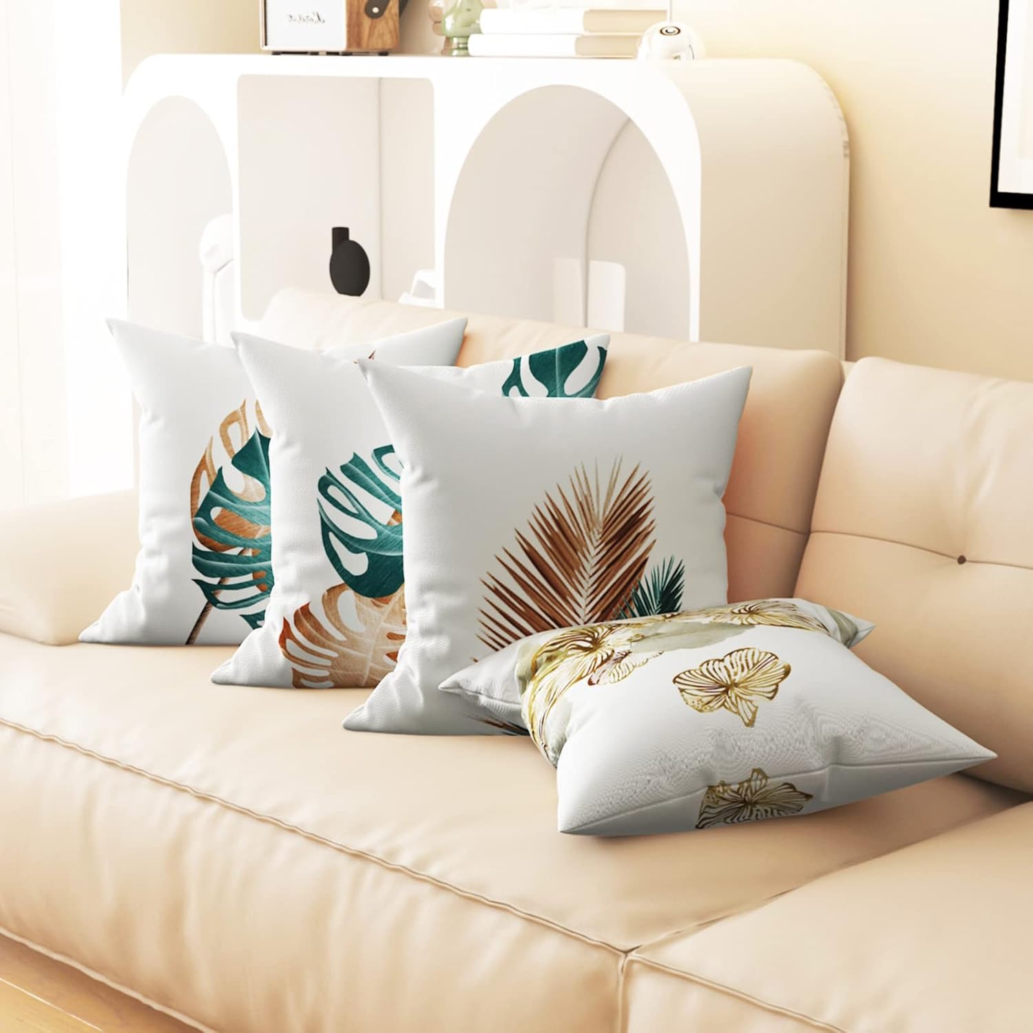 Funda de almohada de estilo lujoso con patrón de hojas para decoración del hogar, funda de cojín cuadrada con impresión digital, perfecta para sala