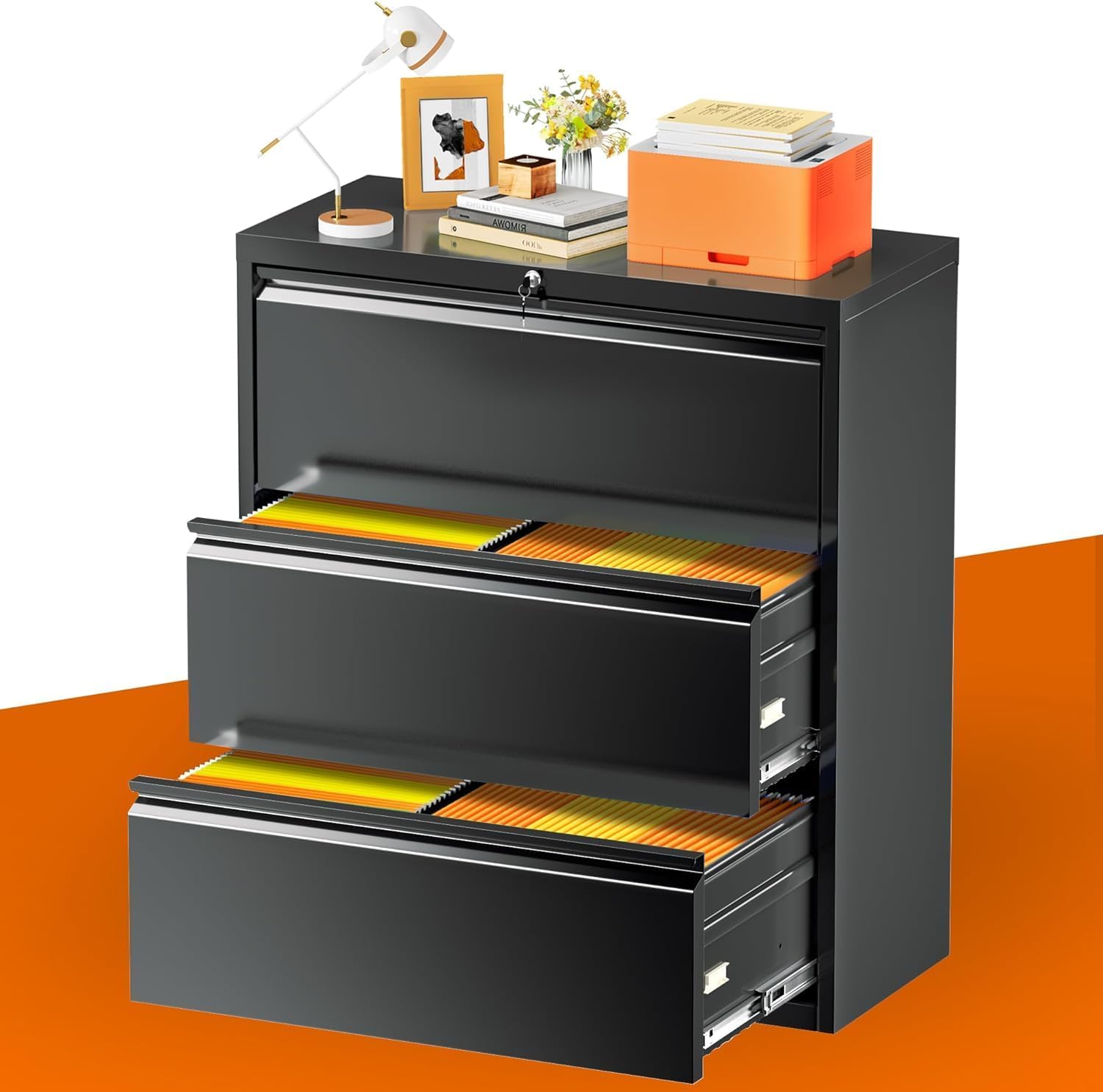 INTERGREAT Archivador lateral negro de 3 cajones archivador lateral con cerradura, archivadores horizontales de bloqueo de acero metálico para