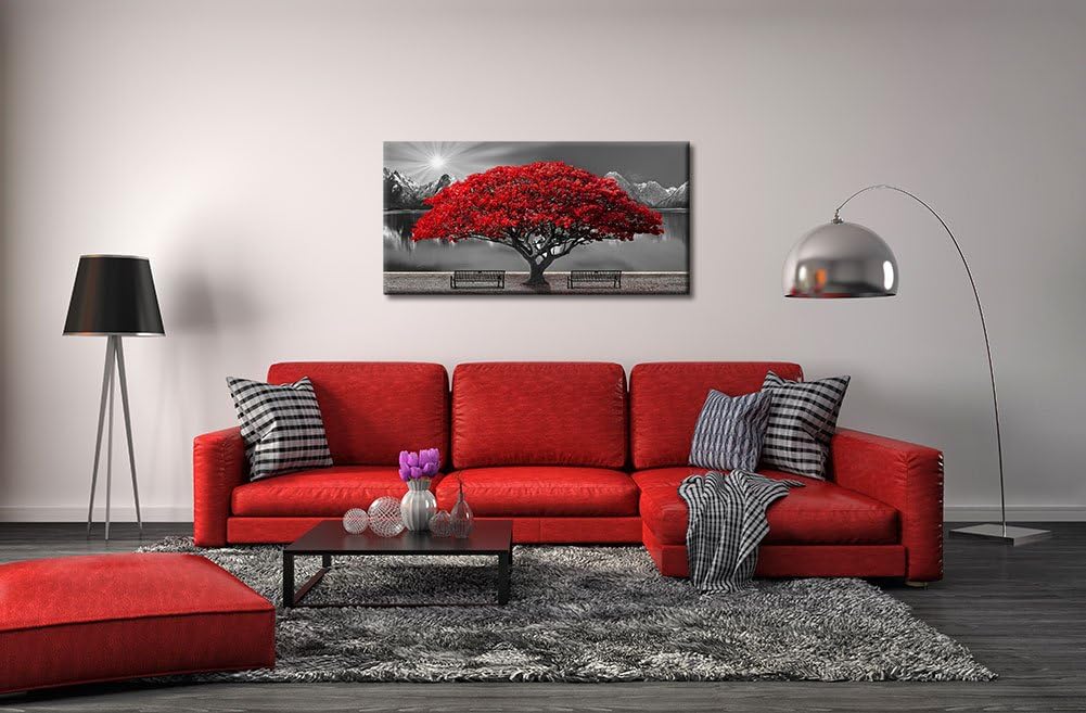 Black and White Red Tree Wall Art Canvas Print Picture Large Red Tree Landscape Modern Artwork for Living Room Bedroom Office Home Wall Decor With