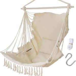 Silla hamaca colgante de cuerda con soporte para reposapiés, 2 cojines incluidos, máximo 500 libras, barra separadora de acero resistente y segura Silla hamaca colgante de cuerda con soporte para reposapiés, 2 cojines incluidos, máximo 500 libras, barra separadora de acero resistente y segura