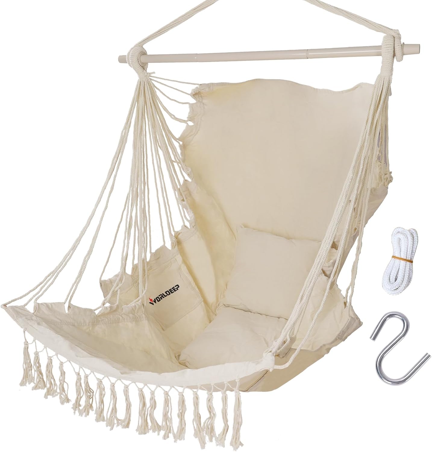 Silla hamaca colgante de cuerda con soporte para reposapiés, 2 cojines incluidos, máximo 500 libras, barra separadora de acero resistente y segura