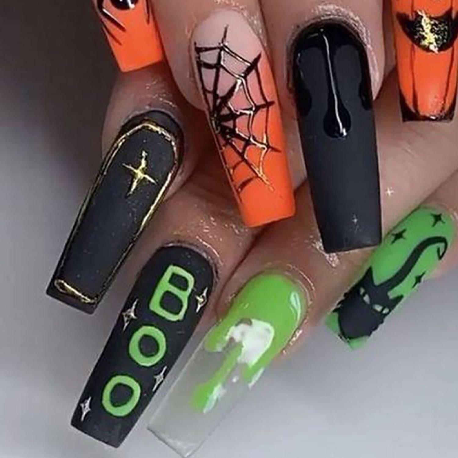 Uñas postizas largas cuadradas para Halloween, con pegamento, diseño de telaraña, lápida de gato, diseño de telaraña, uñas acrílicas, fantasma, arte