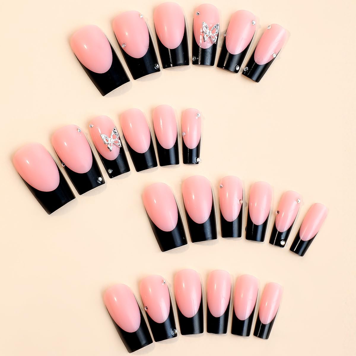 Uñas postizas a presión con punta francesa, largas y cuadradas, con dijes de mariposa y diamantes de imitación, cobertura completa, uñas adhesivas