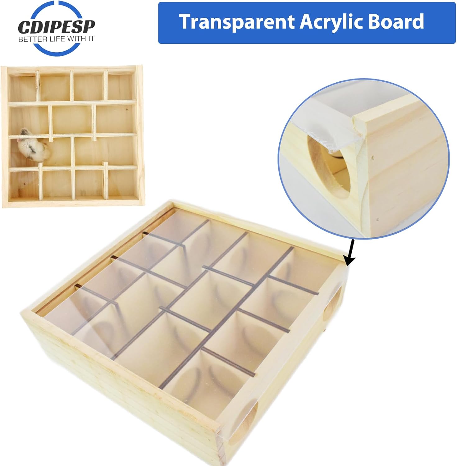 Laberinto de madera para hámster con cubierta acrílica transparente, multicámara, escondite de hámster, juguetes de hámster, laberinto de jerbos