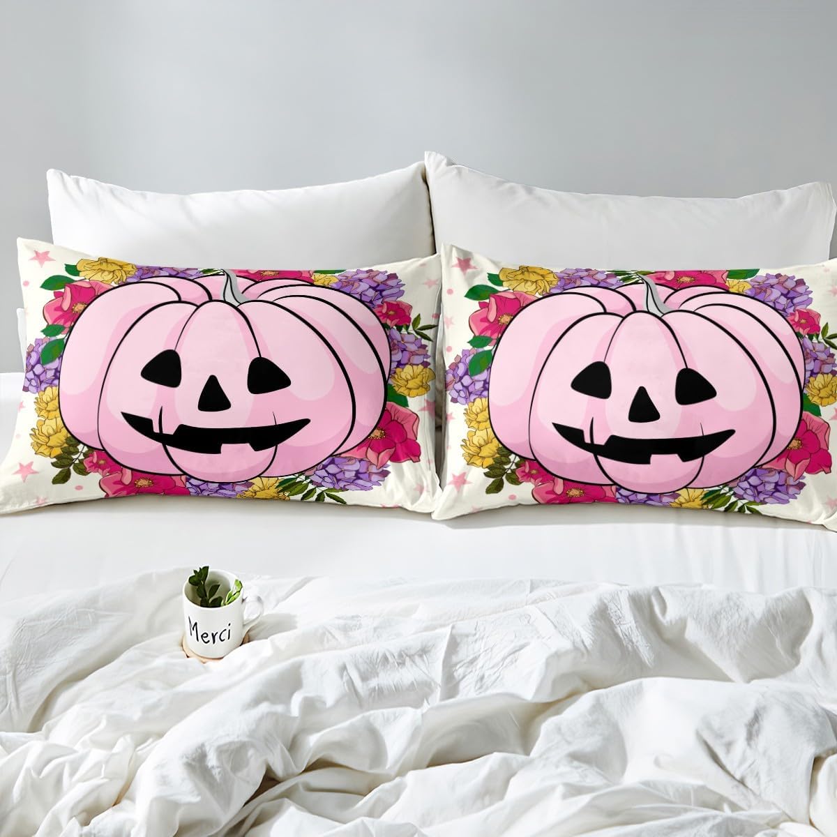 jejeloiu Juego de sábanas de Halloween rosa tamaño matrimonial, sábana bajera ajustable con farol de calabaza para niños y niñas, juego de ropa de