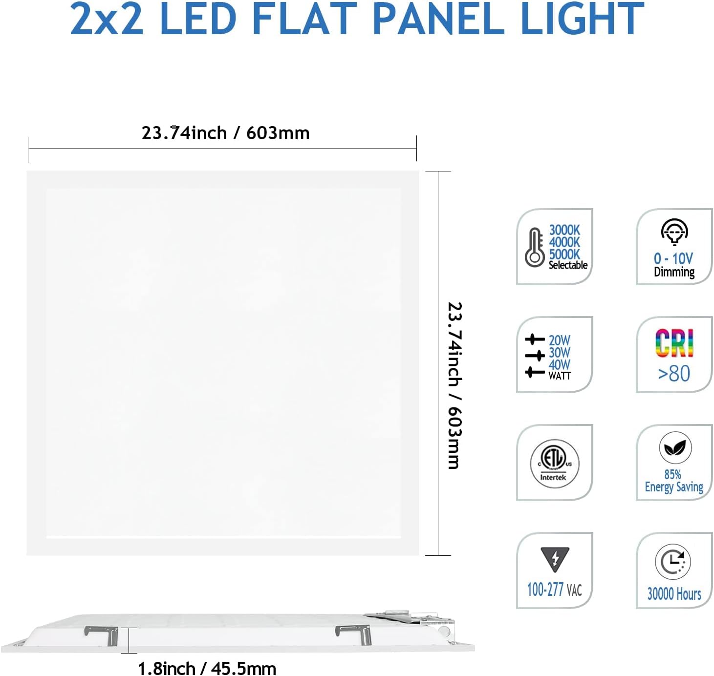 CycevSun Luz LED de pantalla plana de 2 x 2, luz de techo abatible 3000K 4000K 5000K 3 temperaturas de color seleccionables y 0-10 V regulable,