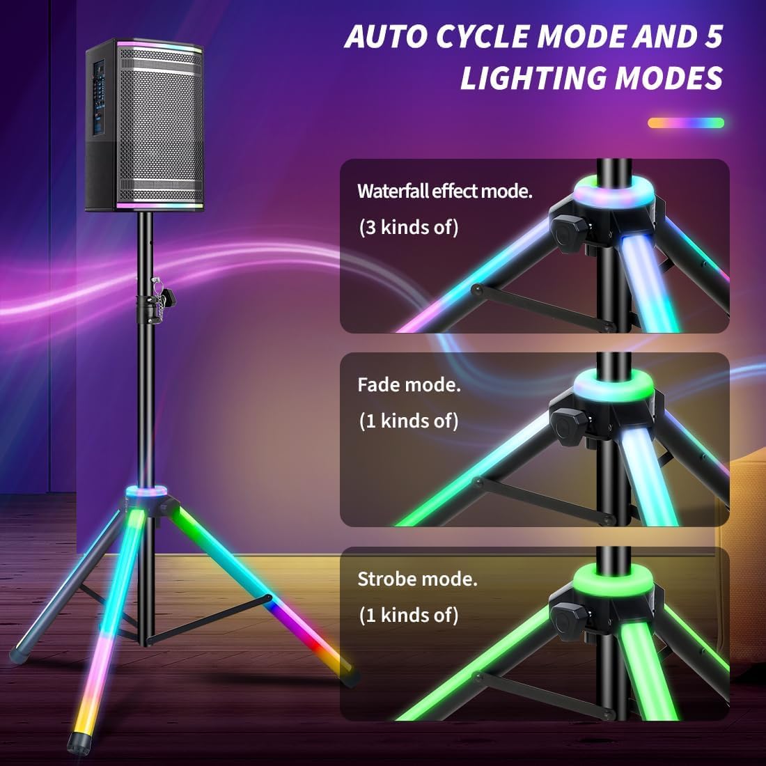 Soportes para altavoces resistentes, par de LED multicolores, soportes de trípode para altavoces de DJ, altura ajustable de 40 a 67 pulgadas,
