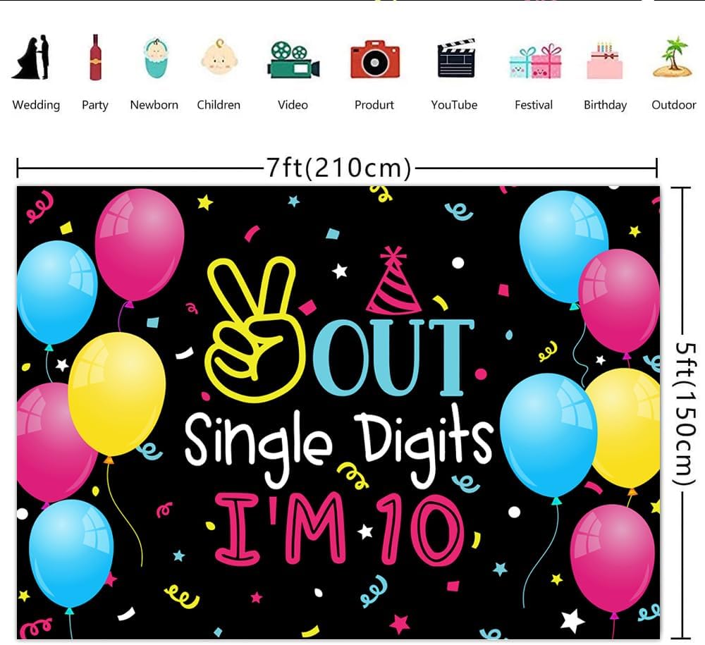 Lofaris Fondo de 7 x 5 pies con un solo dígito con texto en inglés “I’m 10” Happy Birthday para niños, niños o niñas, globo de colores de doble