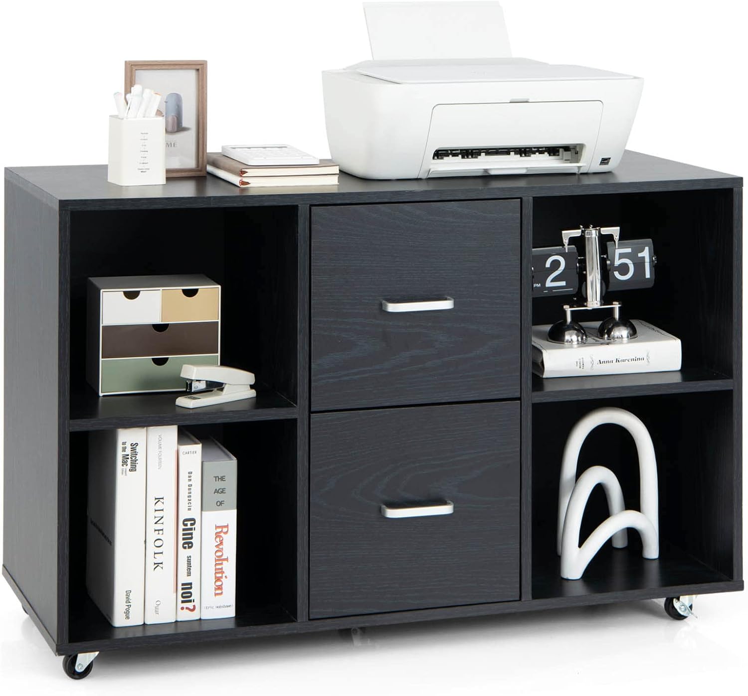 Archivador de 2 cajones, archivador lateral con estantes y ruedas, aparador de buffet negro, gabinete de almacenamiento rodante, gabinetes de madera