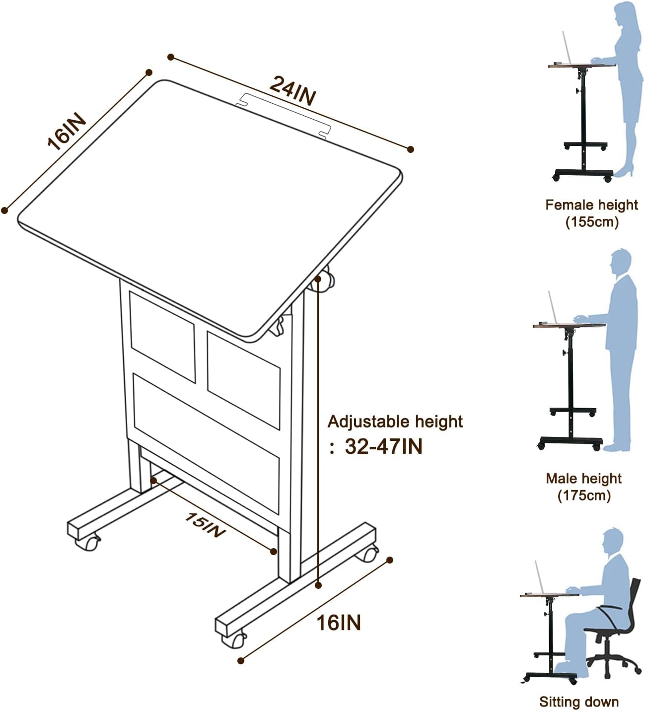 Escritorio de pie de altura ajustable, escritorio de vidrio templado para escribir con borrador, giro de 360, ruedas y bolsa, ideal para espacios