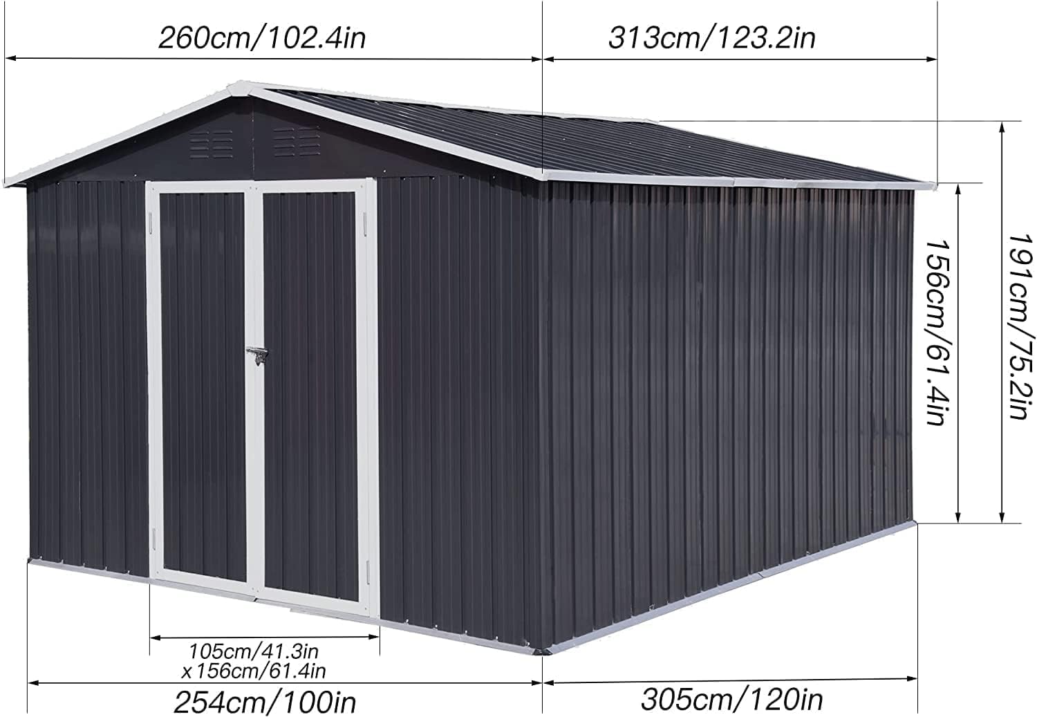 Cobertizos y almacenamiento al aire libre, cobertizo de almacenamiento de metal exterior de 10 x 8 pies de acero galvanizado con puerta bloqueable,