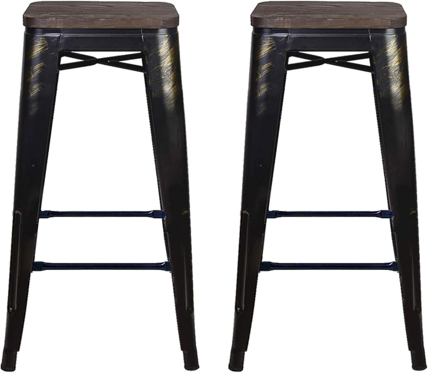 Taburete de metal negro antiguo de 24 pulgadas con asiento de madera (juego de 2) color dorado al azar, capacidad de peso de más de 300 libras,