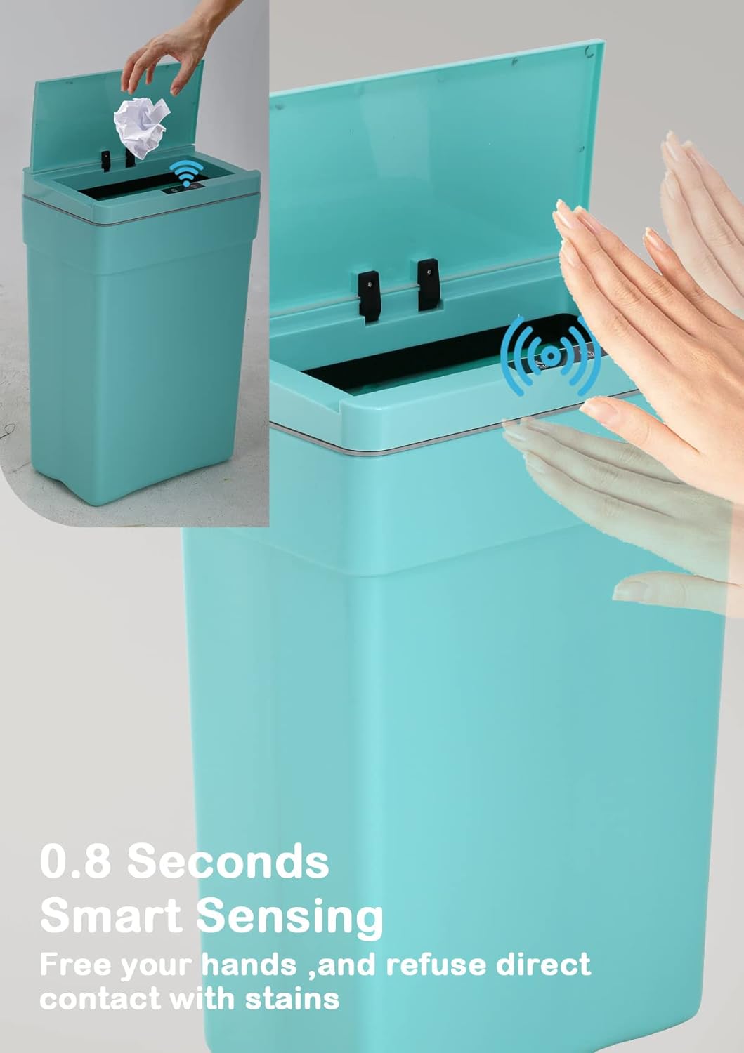 Bote de basura automático sin contacto de 13 galones, con tapa, azul, polipropileno, sensor de movimiento