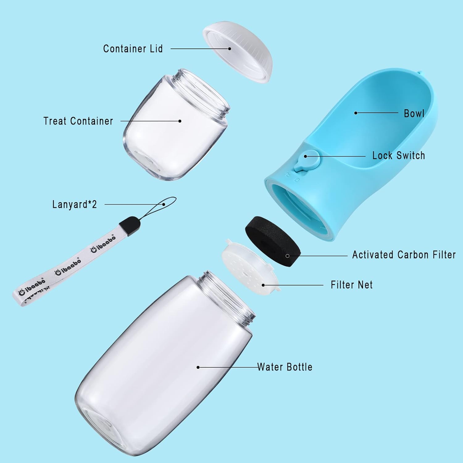 Cibaabo Botella de agua para perros con contenedor de alimentos, cuenco de agua para cachorros de viaje, dispensador portátil para mascotas,