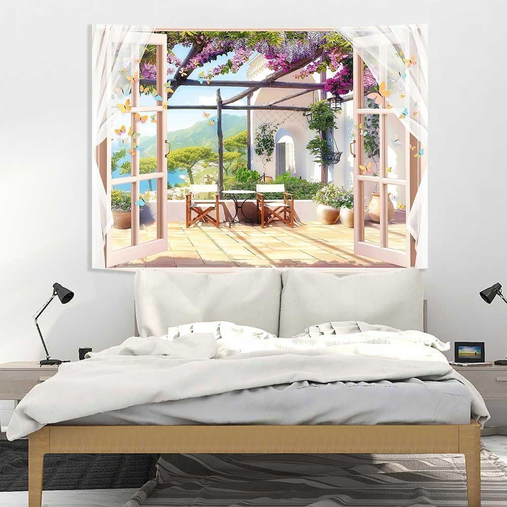 Ine Ive Tapiz de jardín de balcón con vistas al mar y montaña, tapiz de ventana de escena de 40 x 30 pulgadas, tapiz de pared de paisaje natural