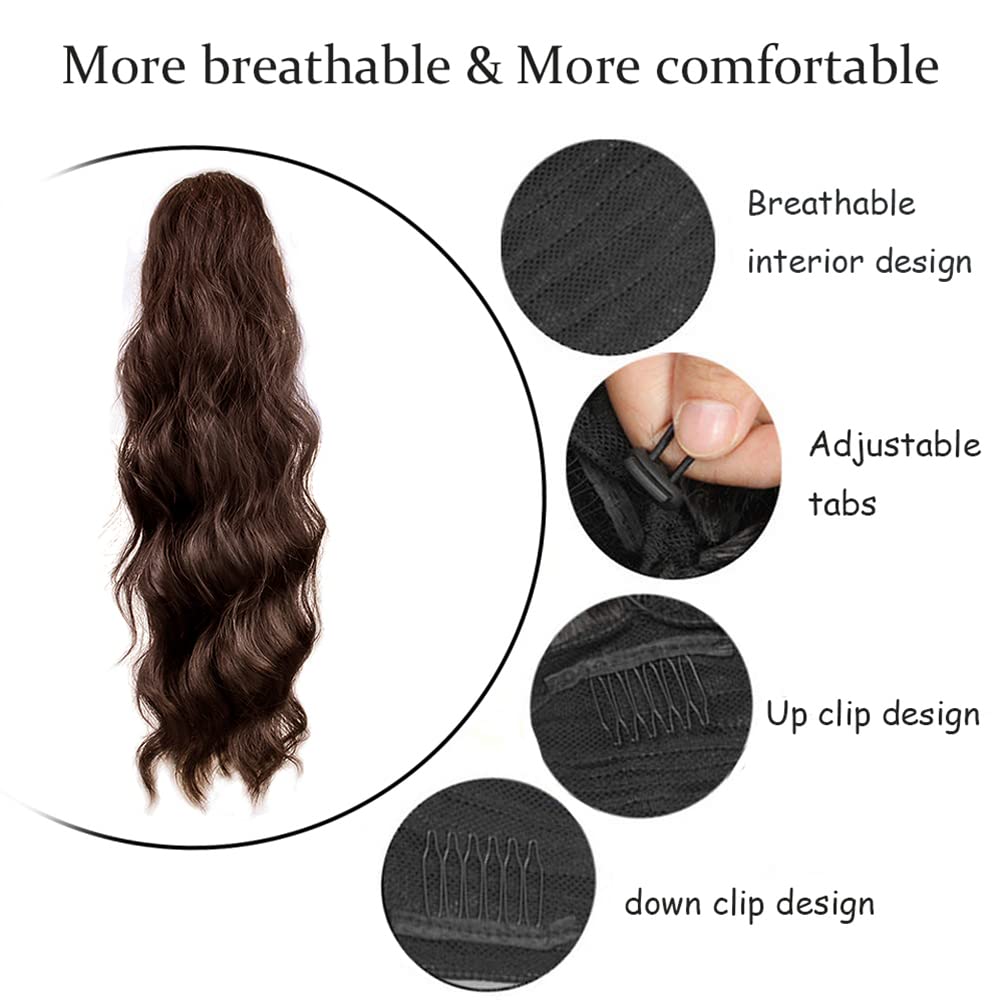KETHBE Extensión de cola de caballo larga ondulada para mujeres negras, sintética, resistente al calor, con cordón, extensiones de cabello con clip