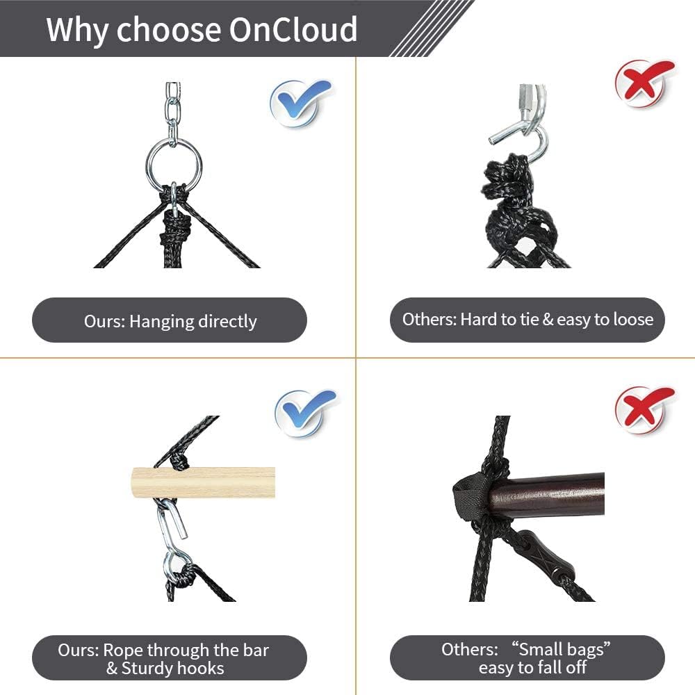 Upgraded Unique Hammock Sky Chair, Air Deluxe Hanging Swing Seat with Rope Through The Bars Safer Relax with Drink Holder & Fuller Pillow Beech Wood