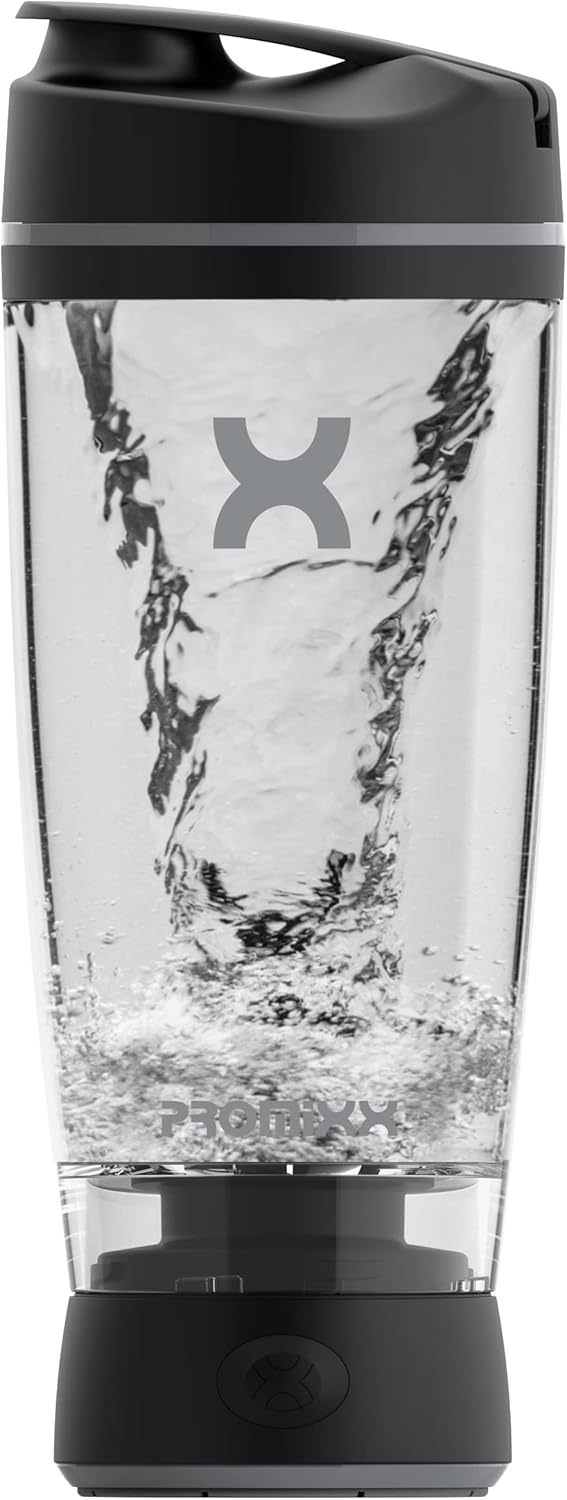 Promixx Botella mezcladora original, funciona con pilas para batidos de proteínas suaves, sin BPA, taza de 20 onzas (negro)