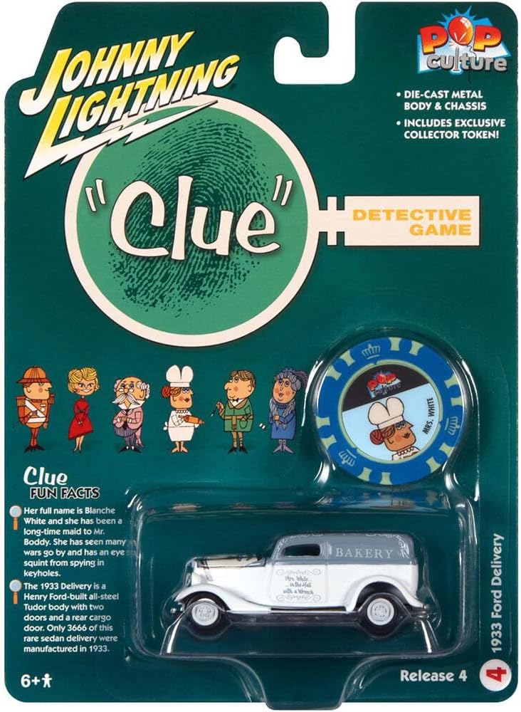 Johnny Lightning JLPC009-JLSP266 – Furgoneta de entrega de 1933 White con chip de póquer Clue Pop Culture 2022 versión 4 164 con tapa gris