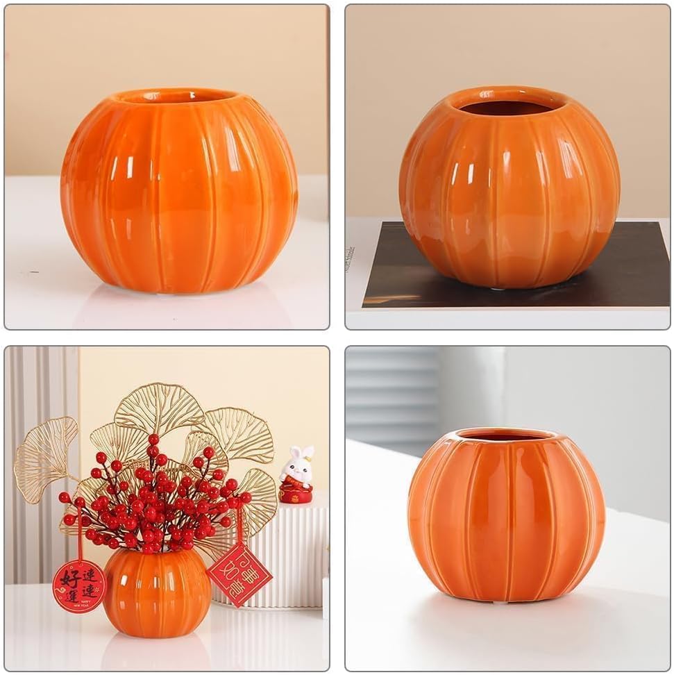 LOGOFUN Maceta de calabaza, jarrón de calabaza, maceta de calabaza naranja, florero de cerámica para cosecha de otoño, Acción de Gracias, Halloween