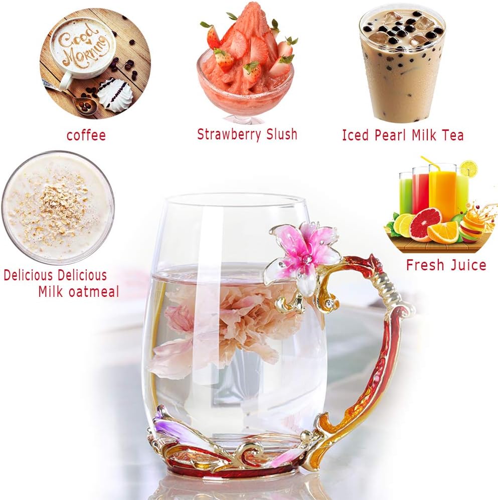 Taza de cristal con flores hecha a mano, para café o té, regalo para esposa, madre, abuela, mujeres