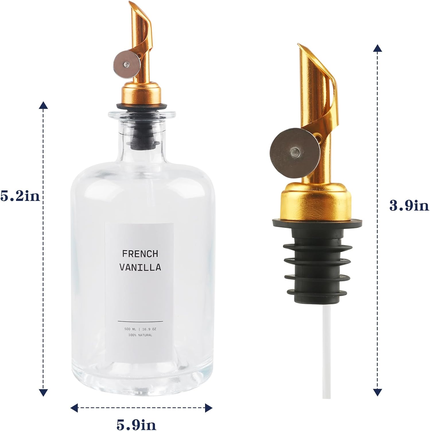 Juego de regalo dispensador de aceite y vinagre, 2 elegantes botellas de vidrio de 16.9 onzas, 2 vertedores dorados, embudo para llenar fácilmente