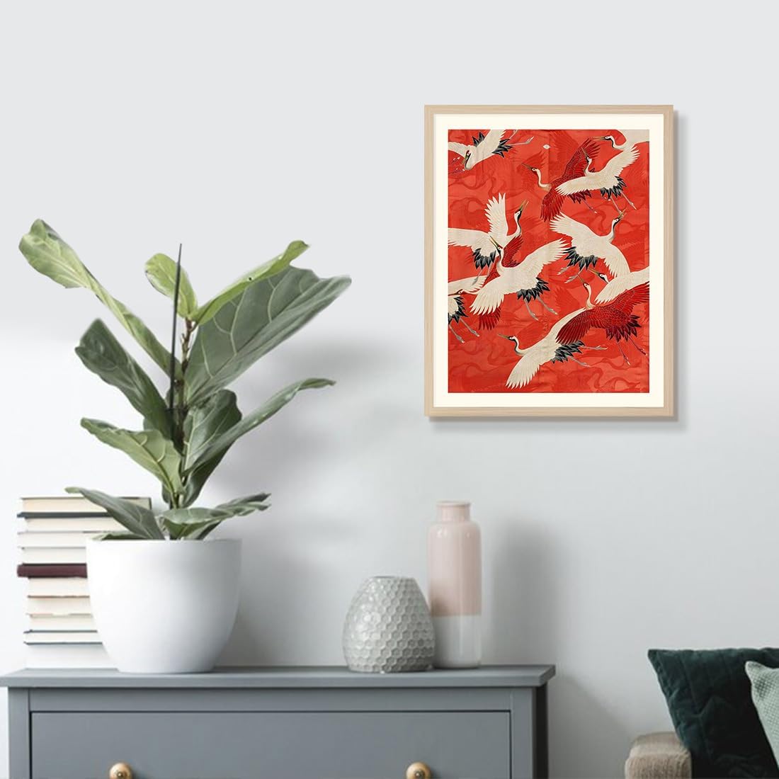 C8BUSIS Lienzo enmarcado para pared, grúas coronadas rojas, impresiones artísticas de galería Grus Japonensis, arte japonés, decoración de pared,