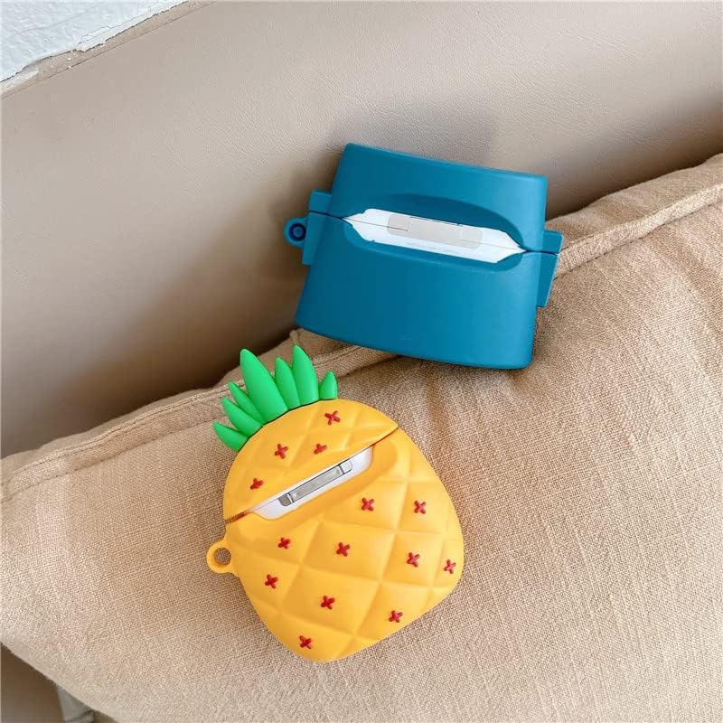 Funda de silicona ultra gruesa y suave con gancho para llavero para Apple AirPods 1, 2, 1 generación, piña de casa, fruta amarilla, dibujos animados