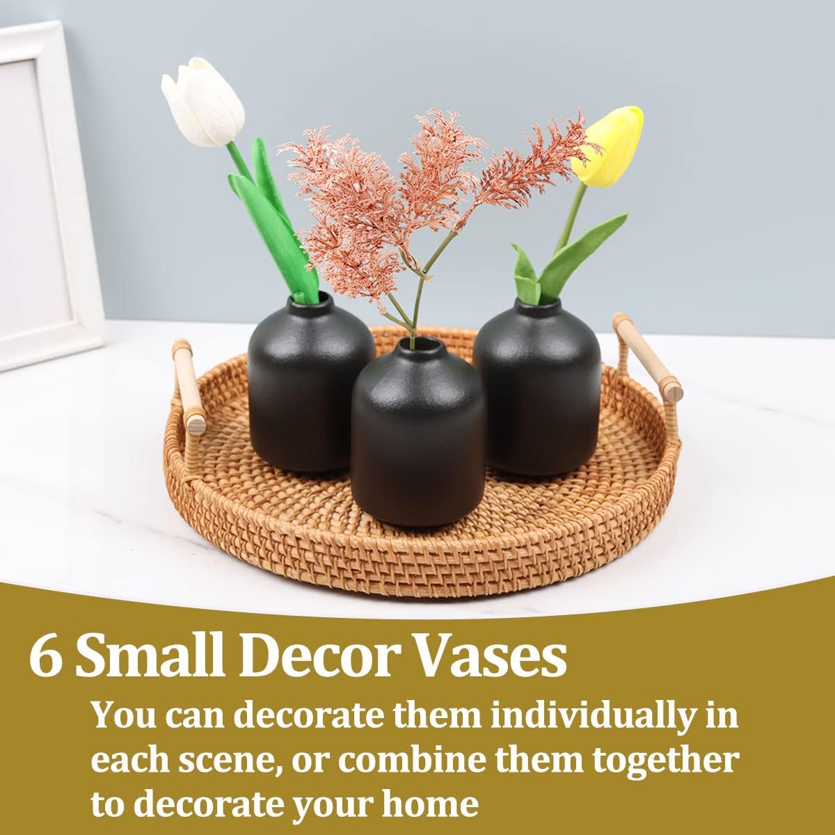 Paquete de 6 jarrones negros, modernos jarrones bohemios para flores secas, jarrones pequeños de cerámica negra para decoración del hogar, jarrones