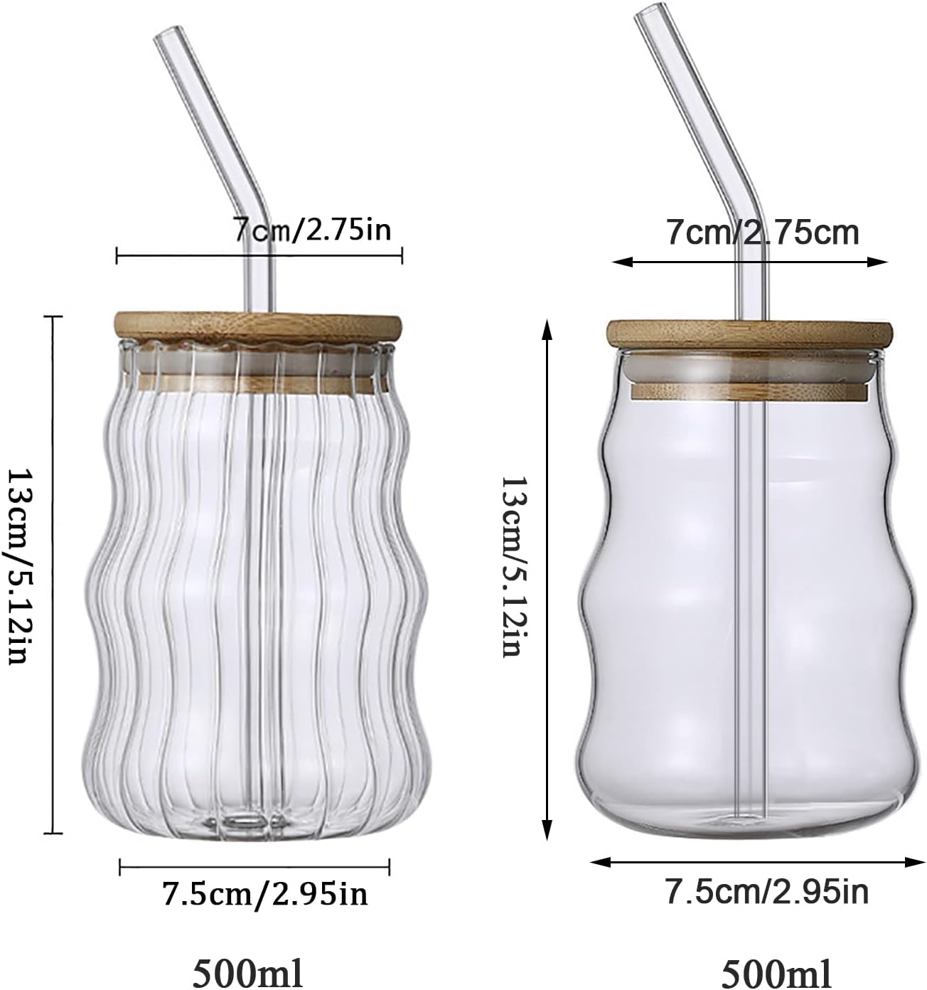2 vasos de vidrio acanalados con tapa y pajitas de bambú, vasos de vidrio ondulado de 17 onzas, vasos de café helado, vasos de bebida en forma de