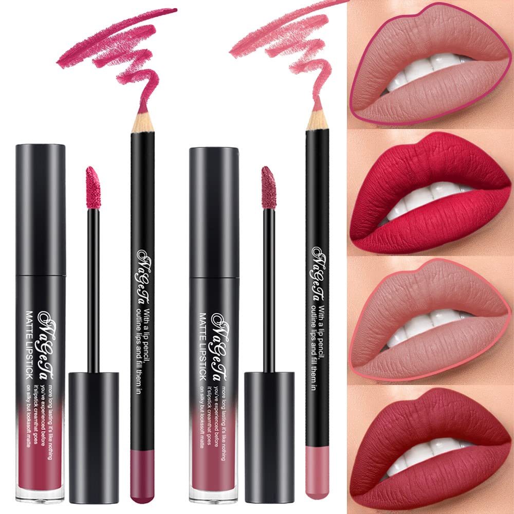 Juego de 2 colores de lápiz labial líquido mate y delineador de labios, tinte de labios de larga duración, 24 horas, impermeable, terciopelo,