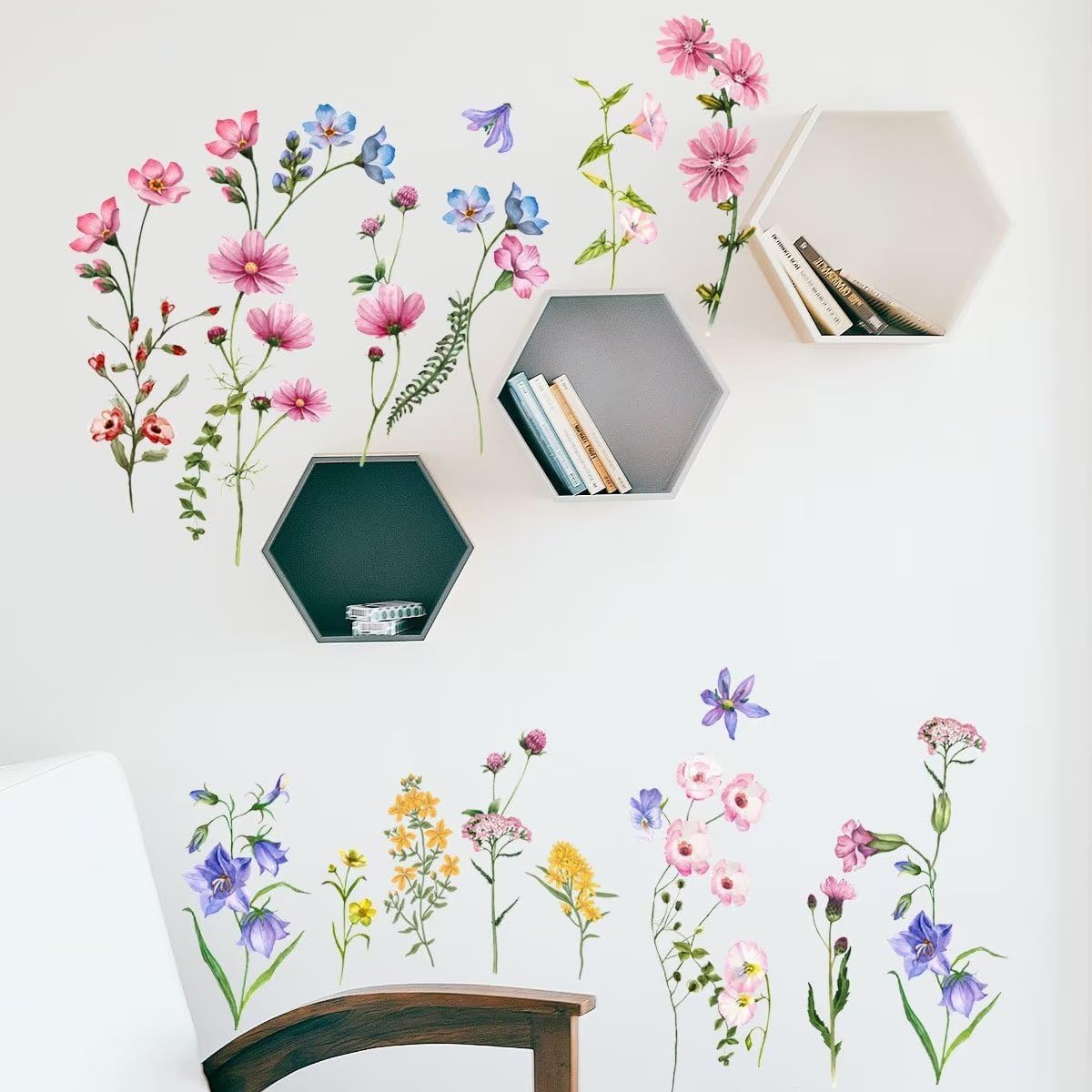 Calcomanías de pared florales de flores coloridas, murales, acuarela, plantas verdes, vinilo extraíble, mariposas, arte de pared, bricolaje,