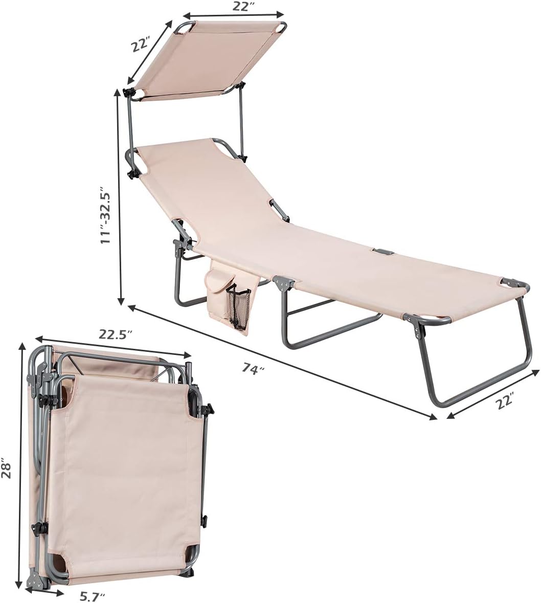 Giantex Silla bronceadora, tumbona de patio con 5 posiciones ajustables, toldo de sombra, bolsillo de almacenamiento, cuna de campamento, sillón