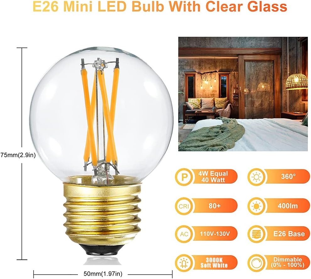 Leools Bombillas LED regulables G16.5, bombillas LED E26 Edison, 4 W igual a 40 W, 400 lúmenes, blanco suave 3000 K, bombilla de globo para