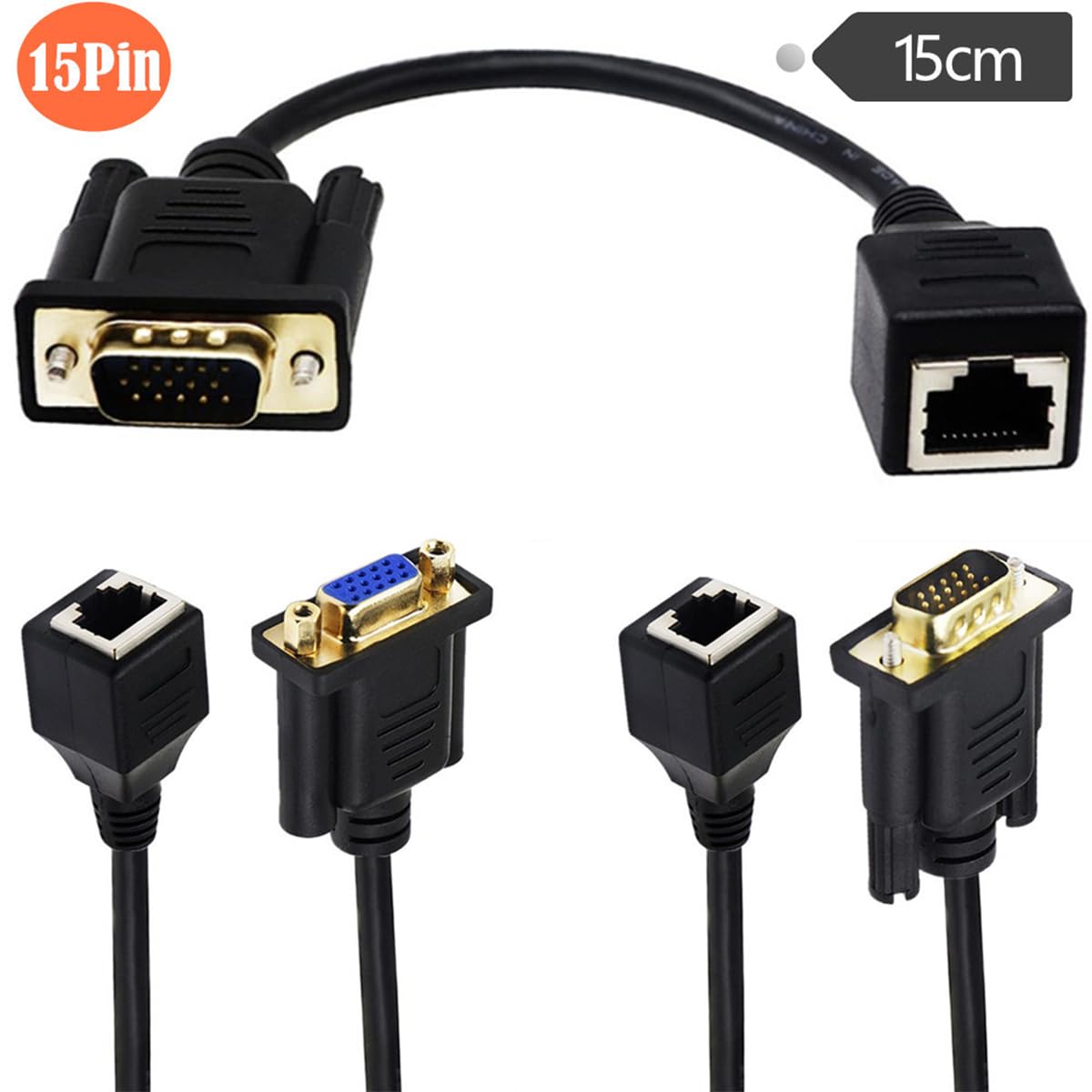 Cable de extensión VGA a RJ45 hembra, VGA de 15 pines macho hembra a RJ45 CAT5 CAT6 Ethernet LAN para video multimedia y extender la distancia de